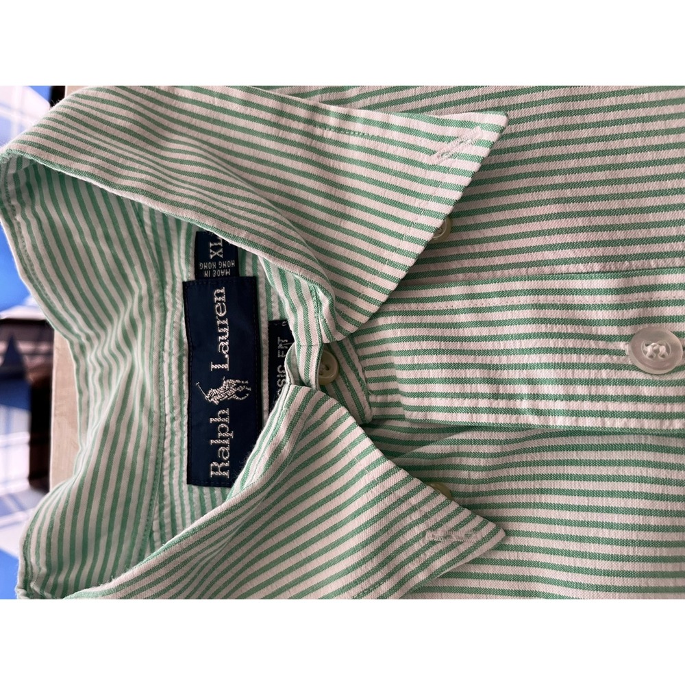 Ralph Lauren Mens XL Classic Fit Seersucker Shirt‎ Green White Striped S/S